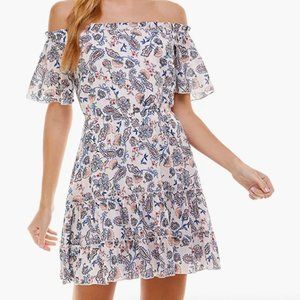 City Studio Pink Ruffled Paisley Short Sleeve Off Shoulder Mini Dress